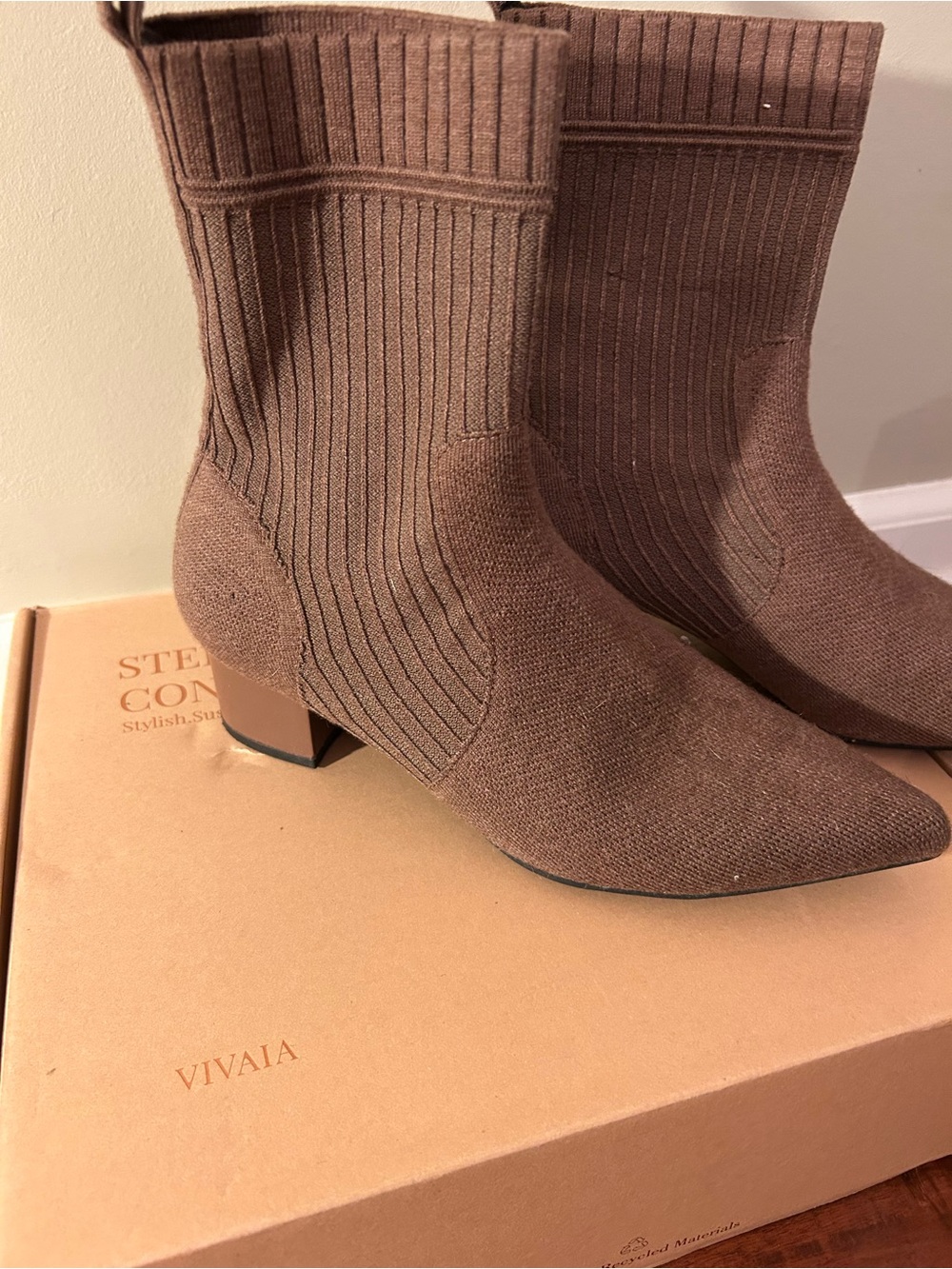 Brown Knit Block Heel Ankle Boots by Vivaia - Picture 2 of 3